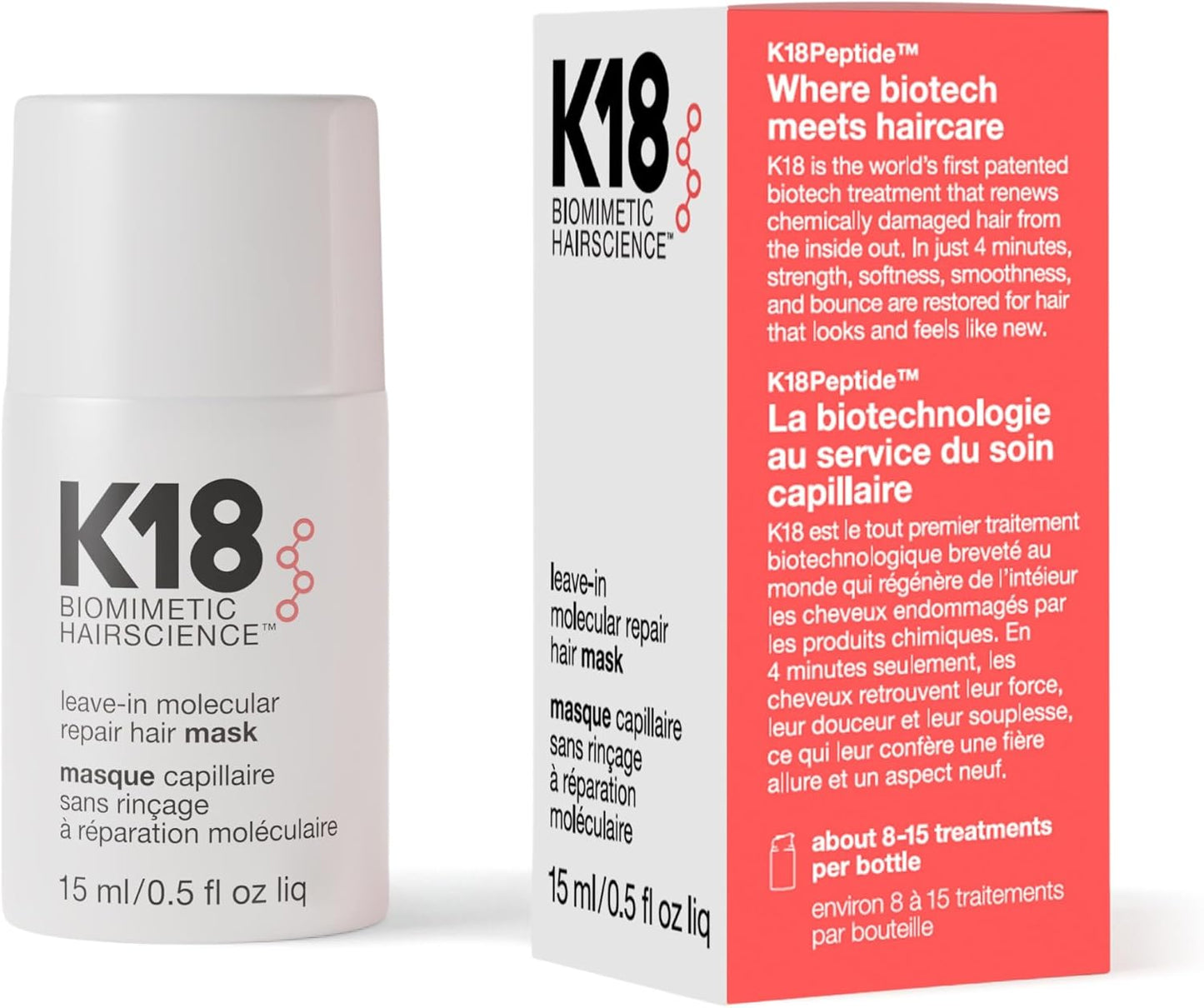 K18 Leave-In Molecular Repair Hair Mask, 15ml - No Rinse, Restores Strength and Bounce with K18PEPTIDE - For Dry, Damaged, and Frizzy Hair