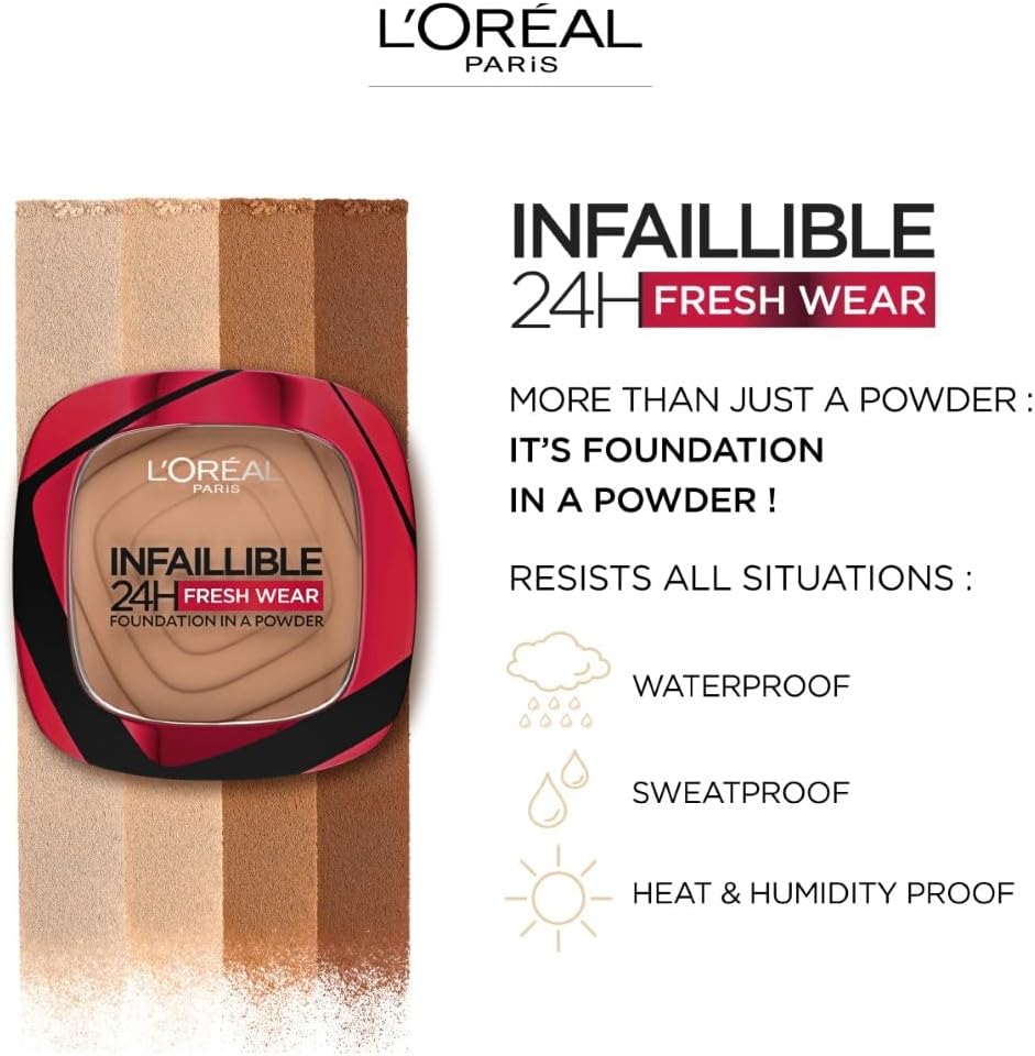 L'Oréal Paris Powder Foundation, Full Coverage, Mattifying, Heat and Humidity proof, Sweat-proof, Infallible, True Beige, 1g