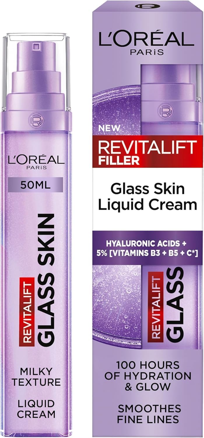 L'Oreal Paris Revitalift Filler Glass Skin Liquid Face Cream 50ml, with Hyaluronic Acid & Vitamin Cg, Glass Skin Glow, Lightweight, Fast Absorption, for all Skin Types, Inspired by Korean Skincare
