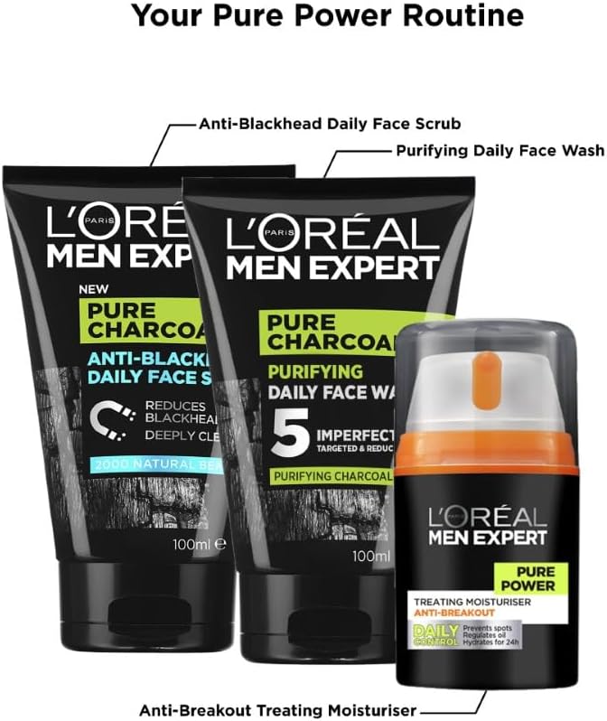 L'Oréal Paris Face Wash For Men, Cleanses and Purifies, For Oily Skin and Breakouts, With Oak Charcoal, Men Expert Pure Power Charcoal, 100ml