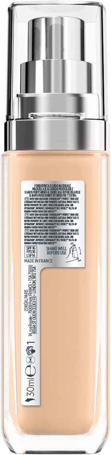 L'Oréal Paris Foundation for Face, Skincare Infused with Hyaluronic Acid, True Match Hydrating Liquid Foundation for All Skin Tones, 3N Creamy Beige, 30ml