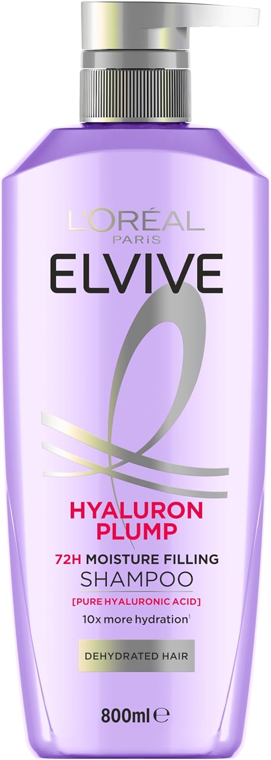 L’Oréal Paris Elvive Hyaluron Plump 72H Moisture Filling Hair Shampoo, for Dehydrated, Dry Hair, with Hyaluronic Acid, Deep Hydration, 800ml