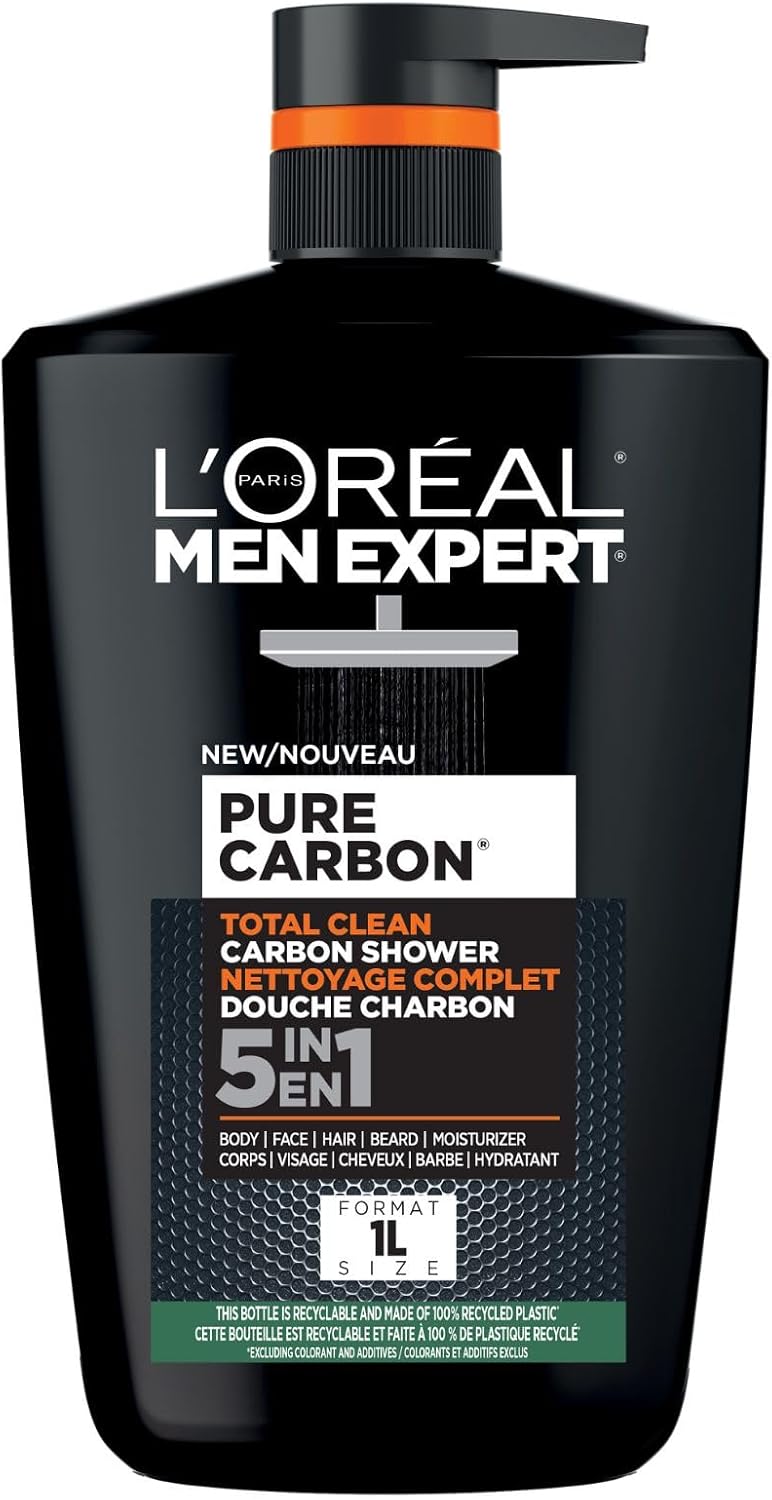L'Oreal Paris Men Expert Pure Carbon 5-in-1 Body Wash & Shampoo XXXL 1L, Daily Shower Gel, for Cleansing Body, Face, Hair & Beard, Recyclable Bottle made of 100% Recycled Plastic