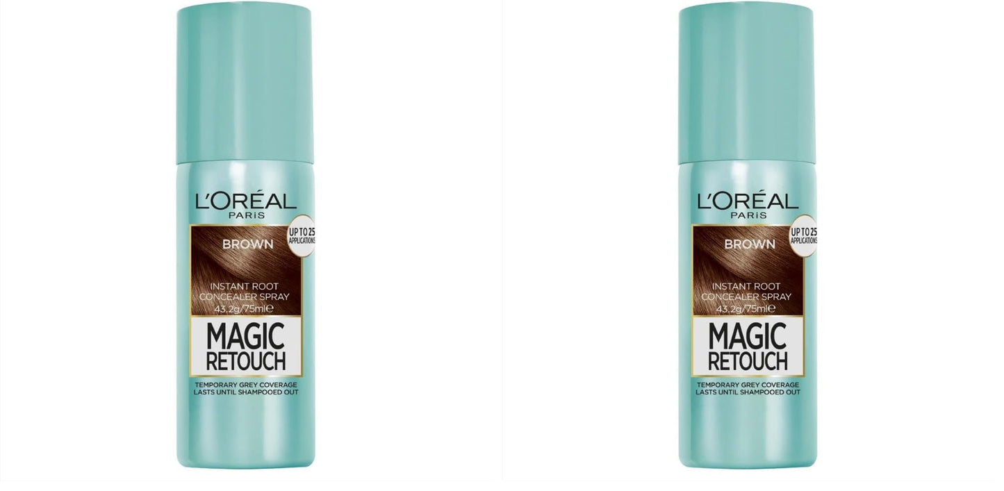 L’Oreal Paris Magic Retouch Instant Root Concealer Spray, Shade: Brown, for Quick Grey Coverage, Easy Application, Natural Finish, Scalp Coverage, Suitable for All Hair Colours, 75ml