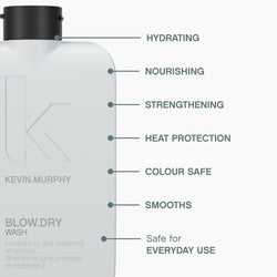 KEVIN.MURPHY BLOW.DRY WASH Nourishing Shampoo - For Dry, Damaged & Coloured Hair - Sulphate-Free Heat Protection Shampoo with Hydrolyzed Pea Protein & Wood Bark Complex - 250mL