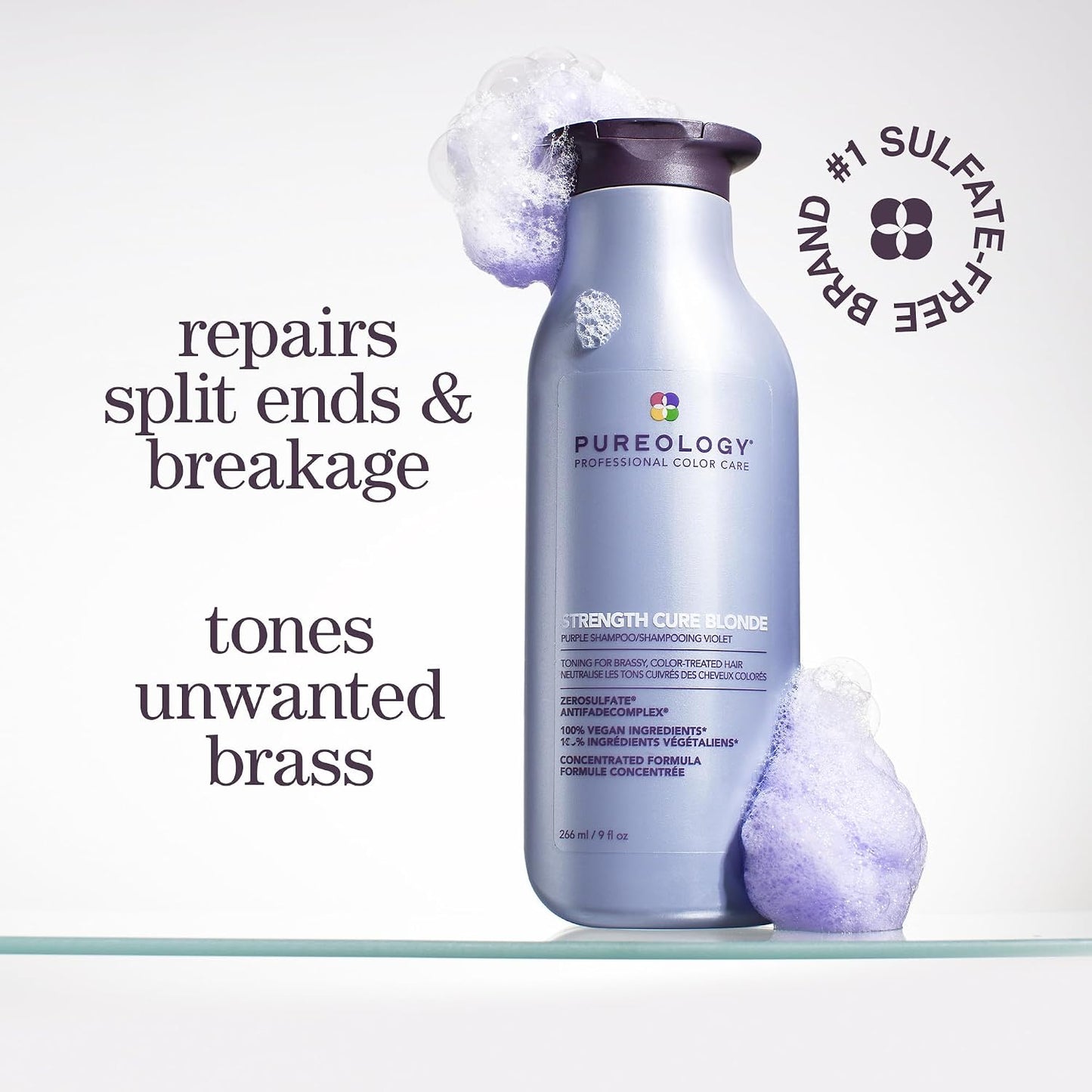 Pureology Strength Cure Blonde Purple Shampoo - For Blonde & Lightened Color-Treated Hair, Tones & Fortifies Brassy Hair, Sulfate-Free & Vegan | 266ml