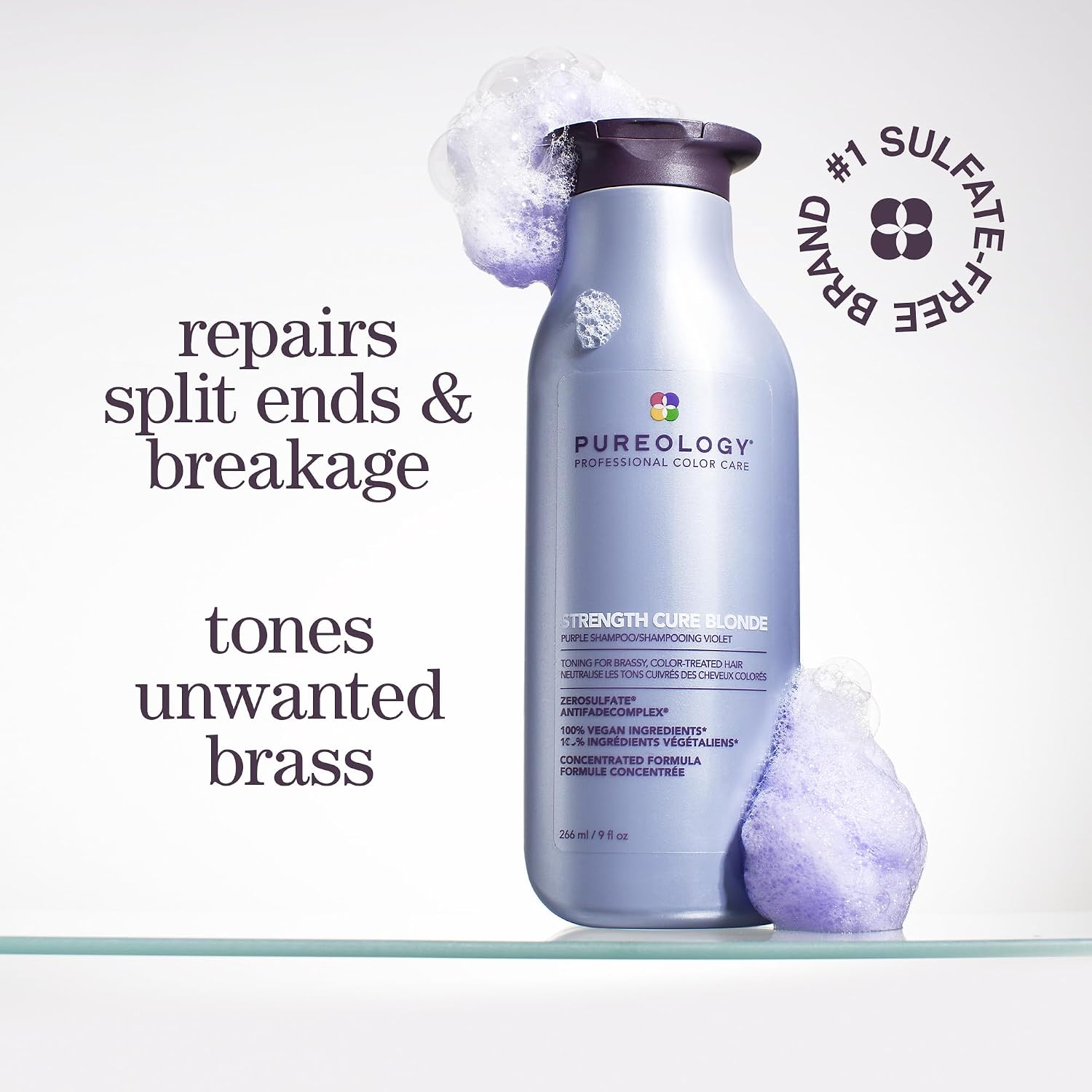 Pureology Strength Cure Blonde Purple Shampoo - For Blonde & Lightened Color-Treated Hair, Tones & Fortifies Brassy Hair, Sulfate-Free & Vegan | 266ml