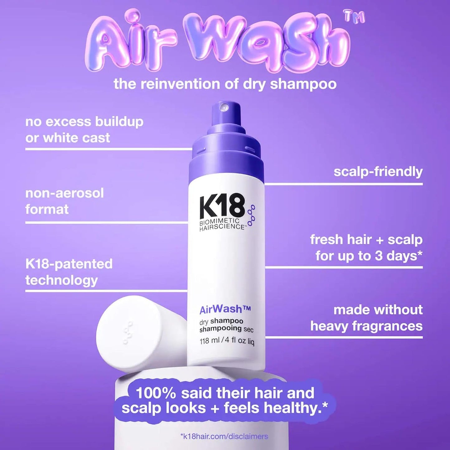 K18 AirWash Dry Shampoo, 120ml - Non-Aerosol Spray, Absorbs Oil, No White Cast, Neutralises Odour with Microalgae and odorBIND Technology - For All Hair Types