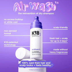 K18 AirWash Dry Shampoo, 120ml - Non-Aerosol Spray, Absorbs Oil, No White Cast, Neutralises Odour with Microalgae and odorBIND Technology - For All Hair Types