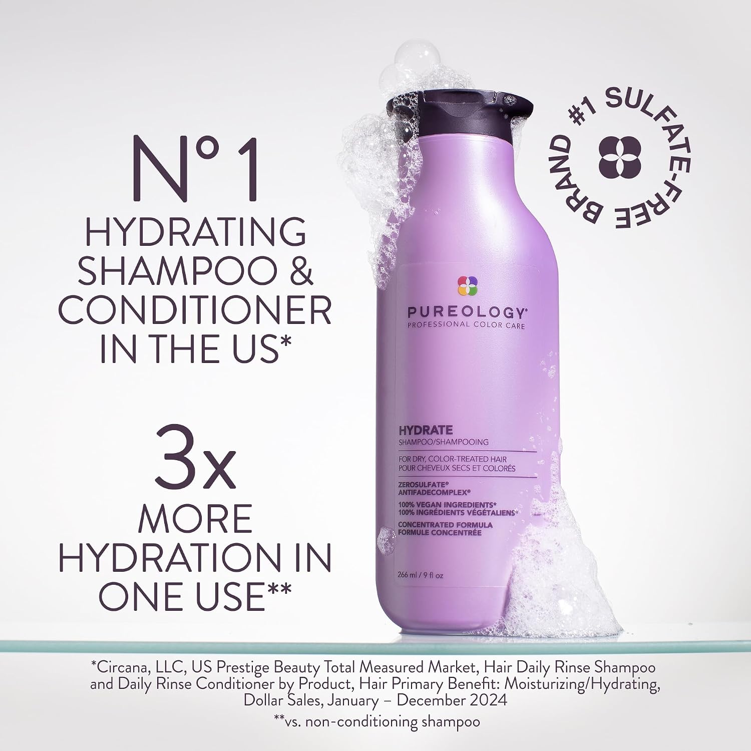 Pureology Hydrate Moisturising Shampoo | Softens and Deeply Hydrates Dry Hair | For Medium to Thick Color Treated Hair | Sulfate-Free | Vegan |266ml