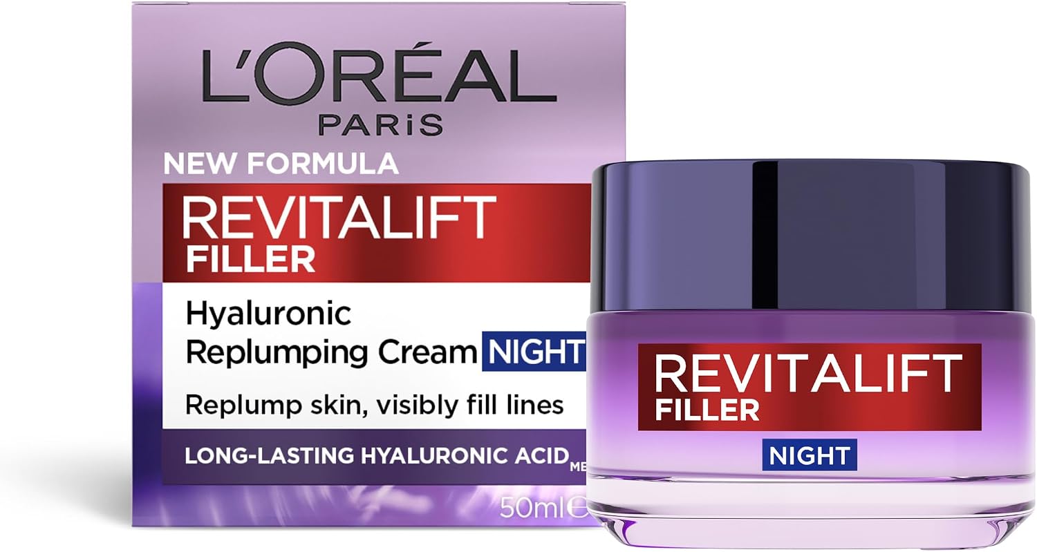 L'Oreal Paris Revitalift Filler Anti-Ageing Replumping Night Cream 50ml, with Hyaluronic Acid, to Deeply Hydrate, Visibly Fill Lines & Smooth Wrinkles