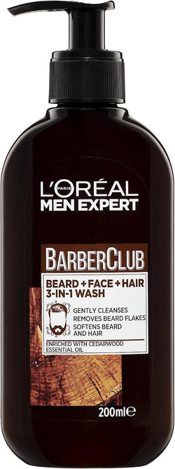 L'Oreal Paris Men Expert Barber Club 3-in-1 Beard, Face & Hair Wash 200ml, with Natural Essential Oils, for Daily Cleansing, to Remove Beard Flakes, Soften Beard & Condition Hair
