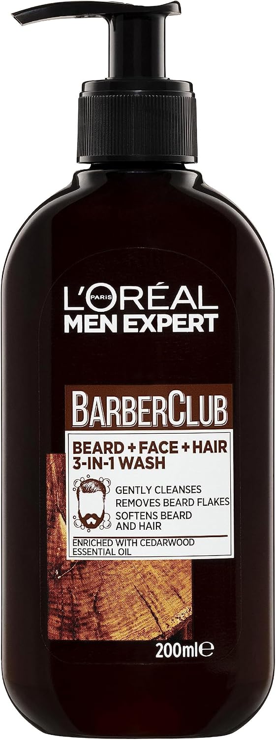 L'Oreal Paris Men Expert Barber Club 3-in-1 Beard, Face & Hair Wash 200ml, with Natural Essential Oils, for Daily Cleansing, to Remove Beard Flakes, Soften Beard & Condition Hair