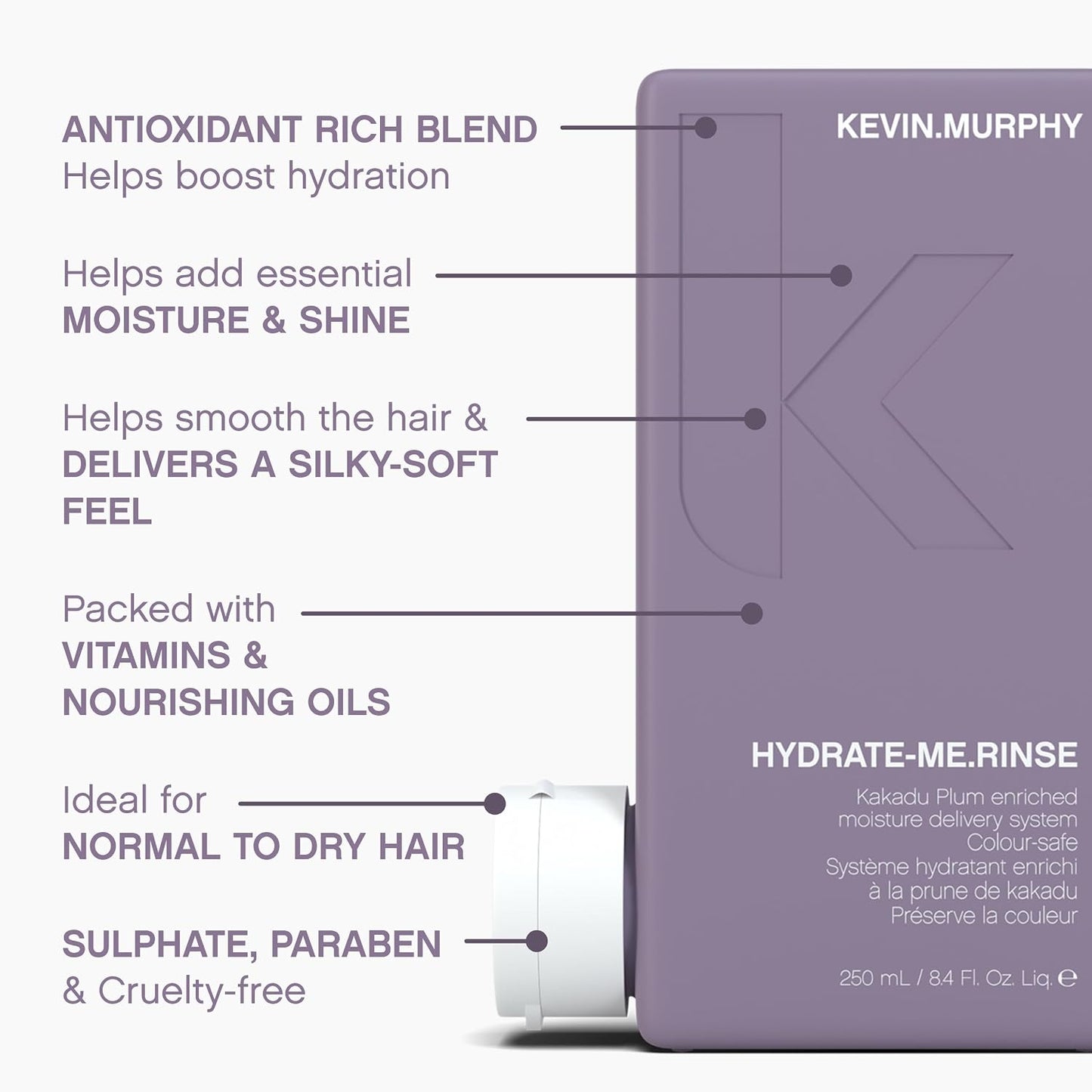KEVIN.MURPHY HYDRATE-ME.RINSE Moisturising Hair Conditioner - For Normal & Dry Hair - Sulphate Free, Colour Safe Natural Hair Conditioner with Kakadu Plum & Antioxidants - 250 mL