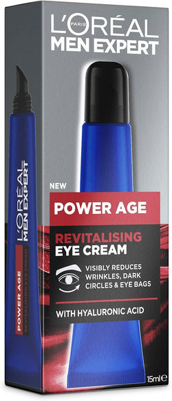 L'Oreal Paris Men Expert Power Age Revitalising Eye Cream 15ml, with Hyaluronic Acid, Smoothes Contour to Visibly Reduce Wrinkles, Dark Circles & Eye Bags