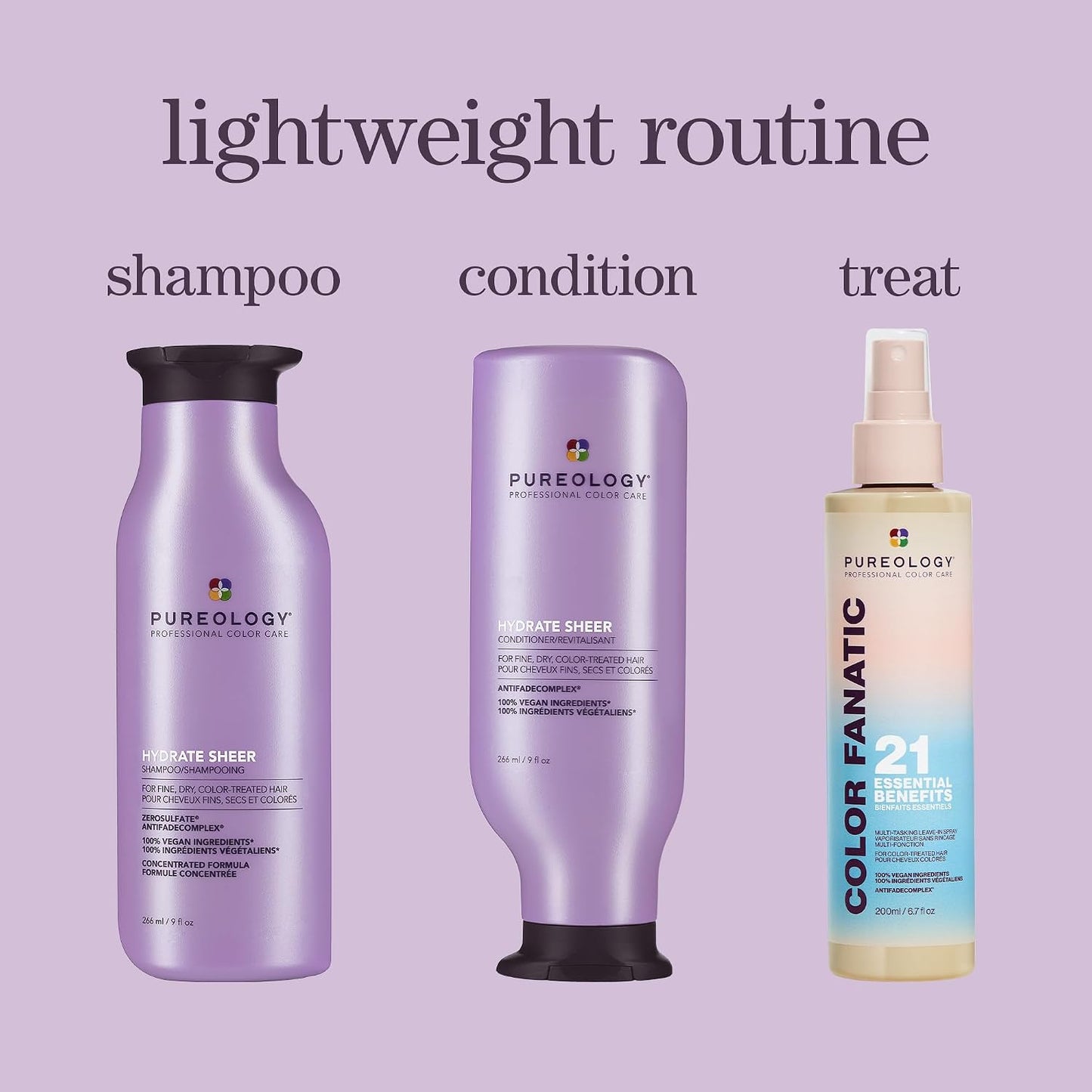 Pureology Hydrate Sheer Shampoo, Conditioner & Heat Protectant | For Dry, Thick Hair| Lightweight Hydration, Deep Softness & Nourishment | Sulfate-Free, Vegan Hair Care Set
