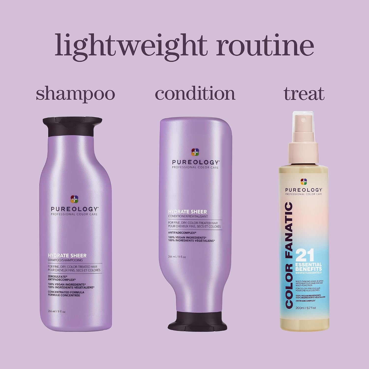 Pureology Hydrate Sheer Shampoo, Conditioner & Heat Protectant | For Dry, Thick Hair| Lightweight Hydration, Deep Softness & Nourishment | Sulfate-Free, Vegan Hair Care Set