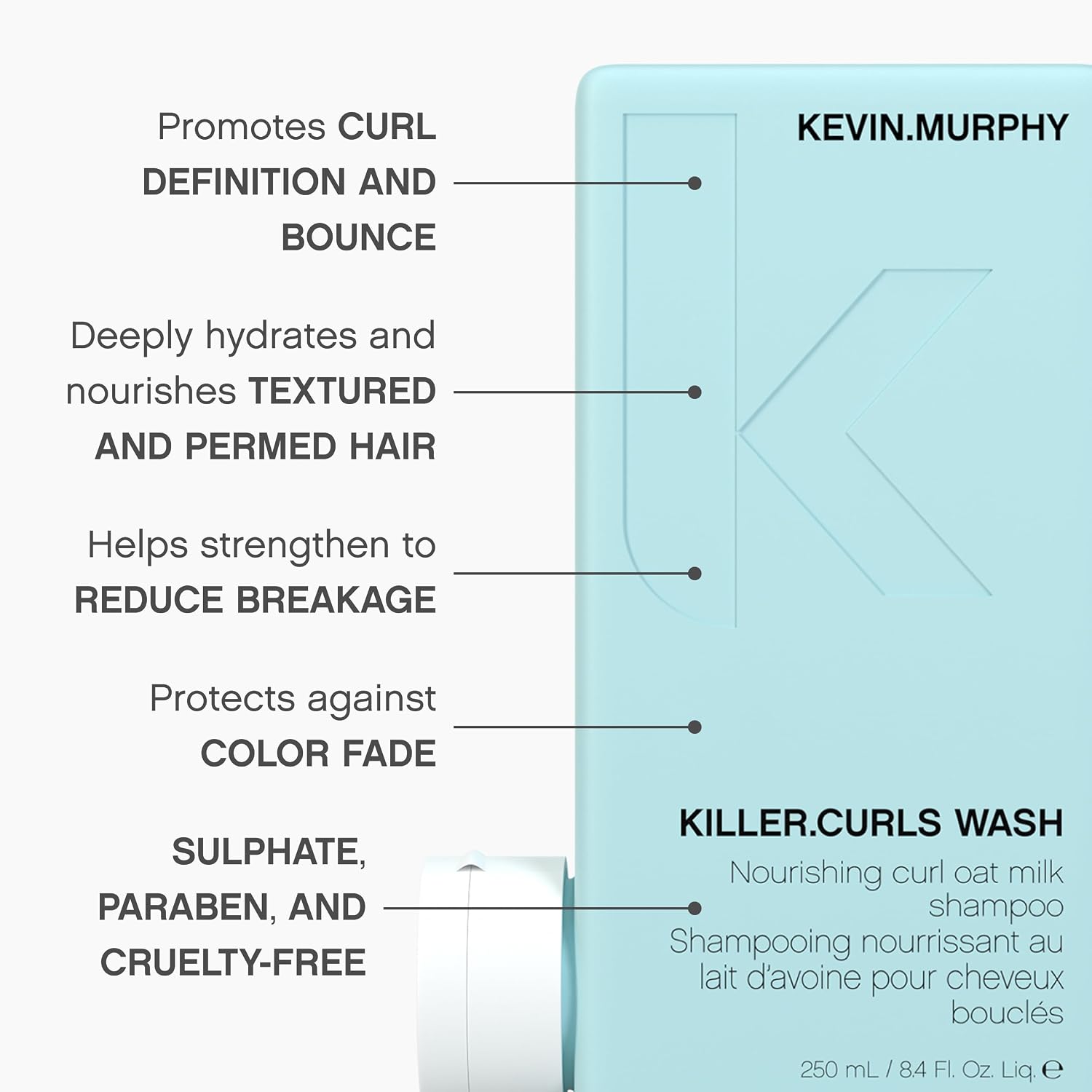 KEVIN.MURPHY KILLER.CURLS WASH Curly Hair Shampoo - For Curly & Permed Hair/Frizz & Dryness - Curl Defining, Moisturising, Sulphate Free Formula with Oat Milk & Soybean Oil - 250 mL