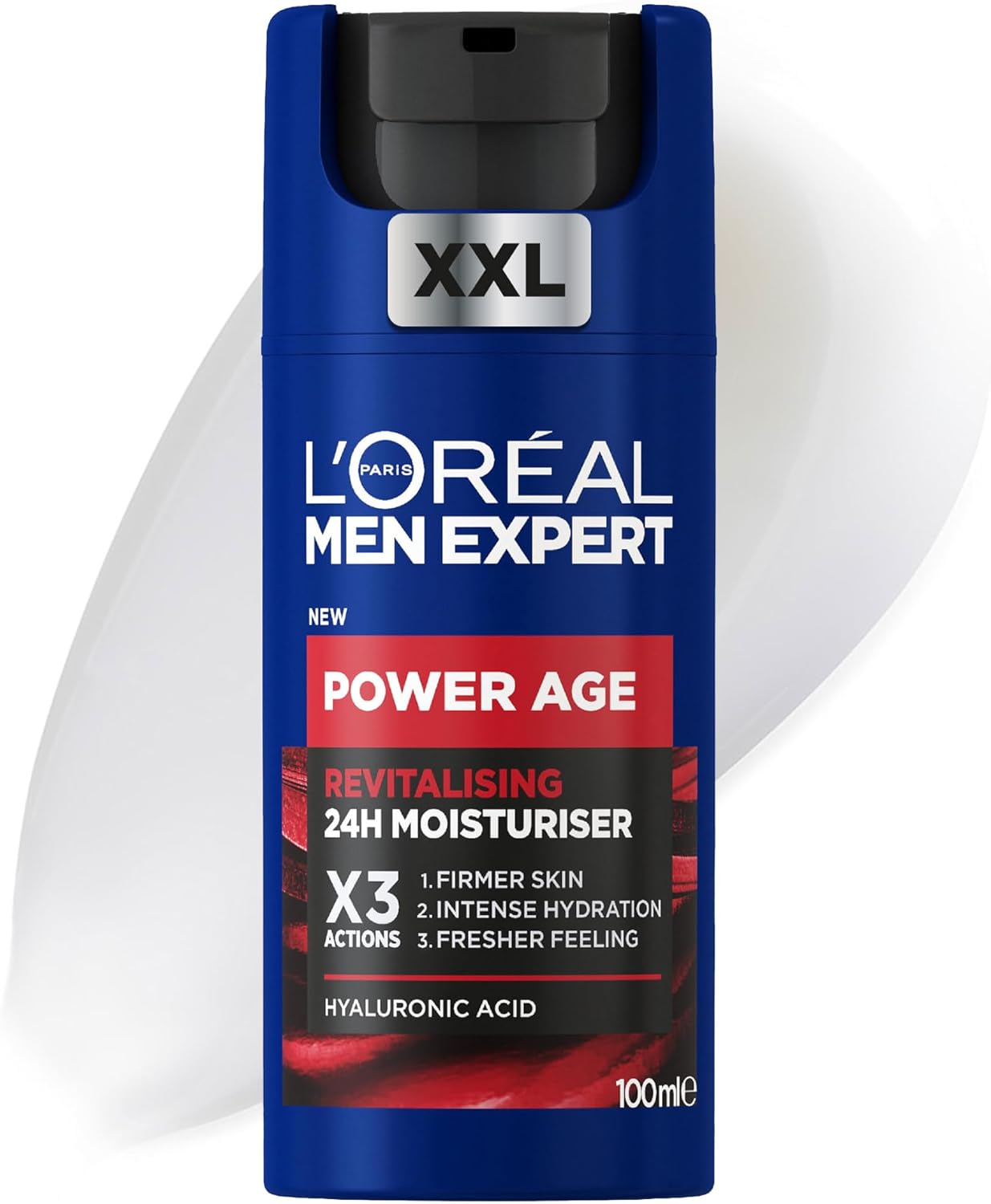 L'Oreal Paris Men Expert Power Age Revitalising 24 Hour Moisturiser XXL 100ml, with Hyaluronic Acid, X3 Actions: Firmer Skin, Intense Hydration, Fresher Skin