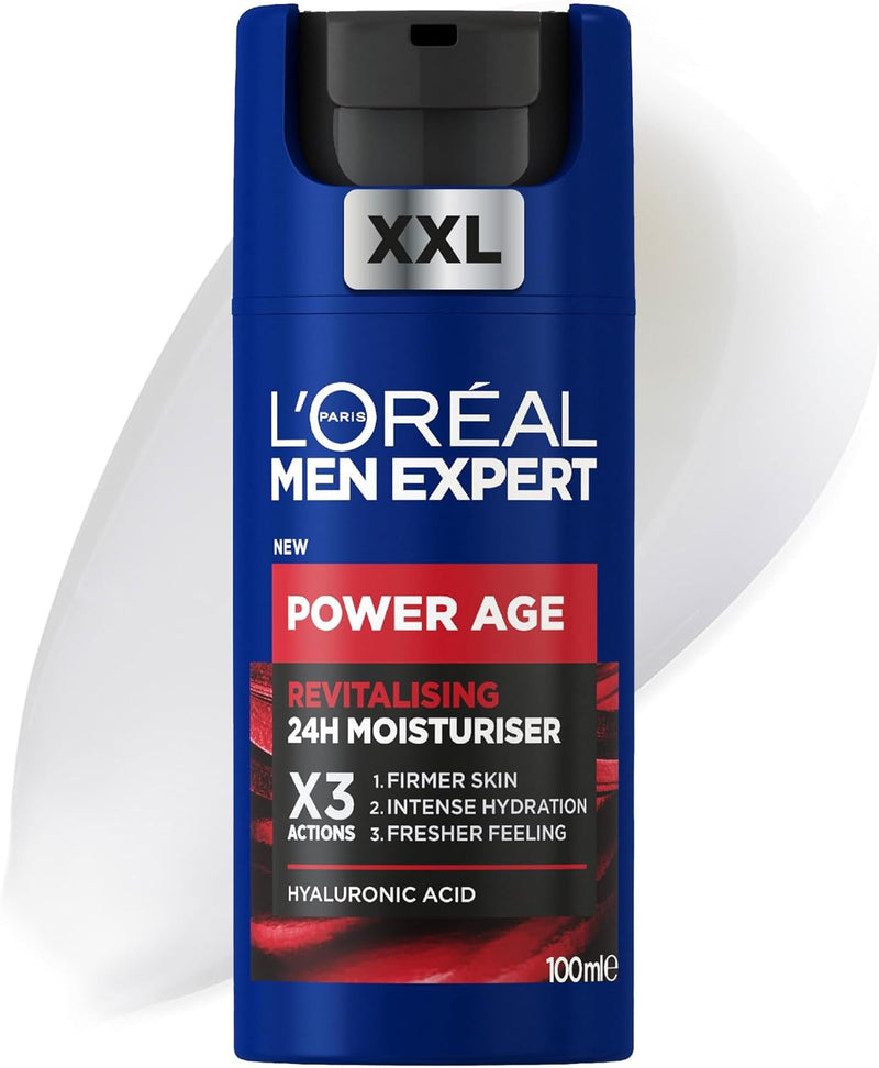 L'Oreal Paris Men Expert Power Age Revitalising 24 Hour Moisturiser XXL 100ml, with Hyaluronic Acid, X3 Actions: Firmer Skin, Intense Hydration, Fresher Skin