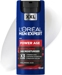 L'Oreal Paris Men Expert Power Age Revitalising 24 Hour Moisturiser XXL 100ml, with Hyaluronic Acid, X3 Actions: Firmer Skin, Intense Hydration, Fresher Skin