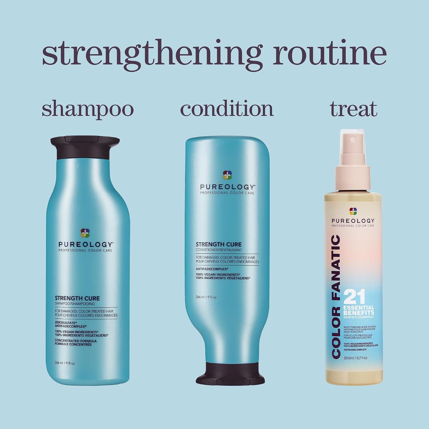 Pureology Strength Cure Strengthening Shampoo, Conditioner & Heat Protectant | For Damaged, Color-Treated Hair | Fortifies & Strengthens Hair Sulfate-Free, Vegan Hair Care Set