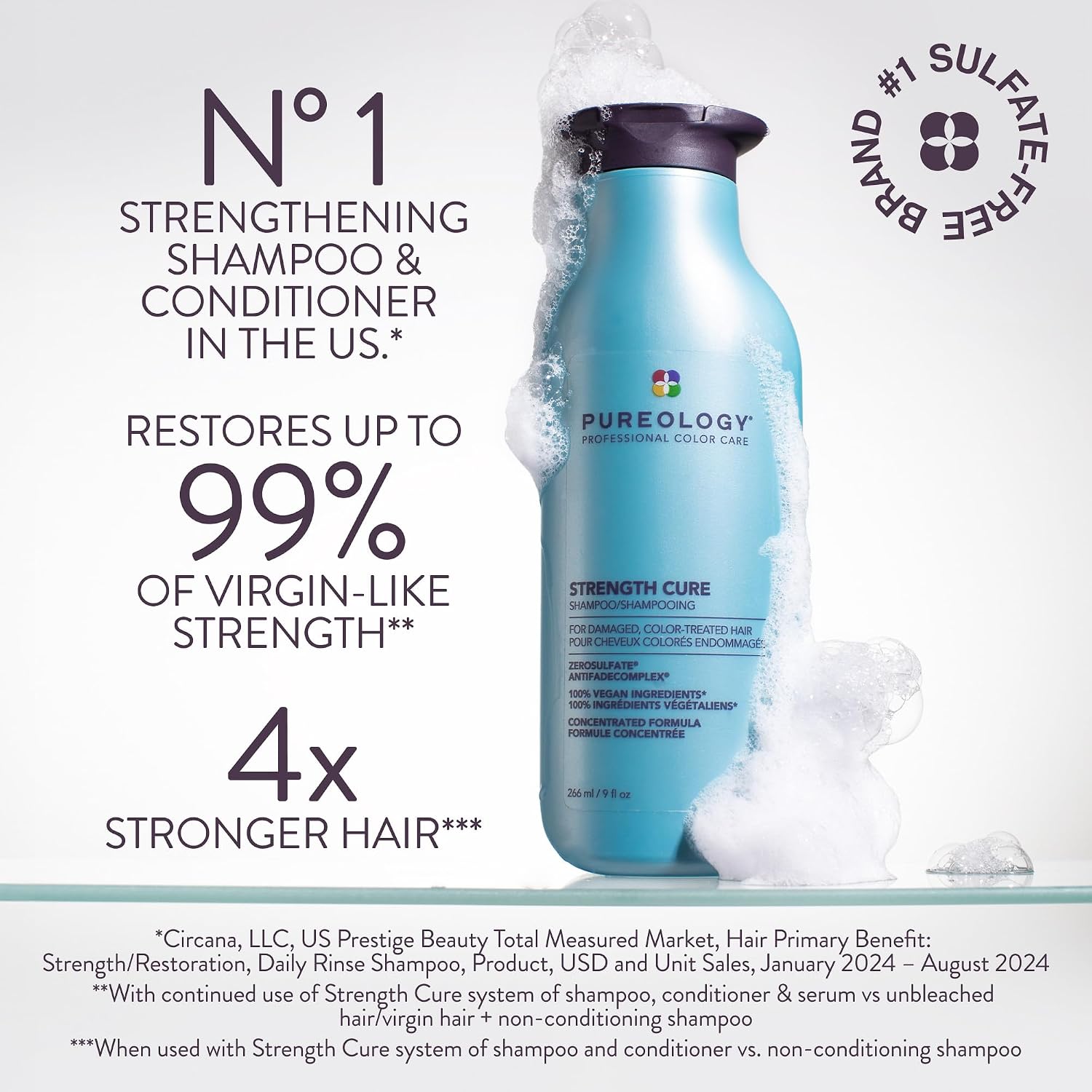 Pureology Strength Cure Shampoo | For Damaged, Color-Treated Hair | Fortifies & Strengthens Hair | Sulfate-Free | Vegan | 266ml