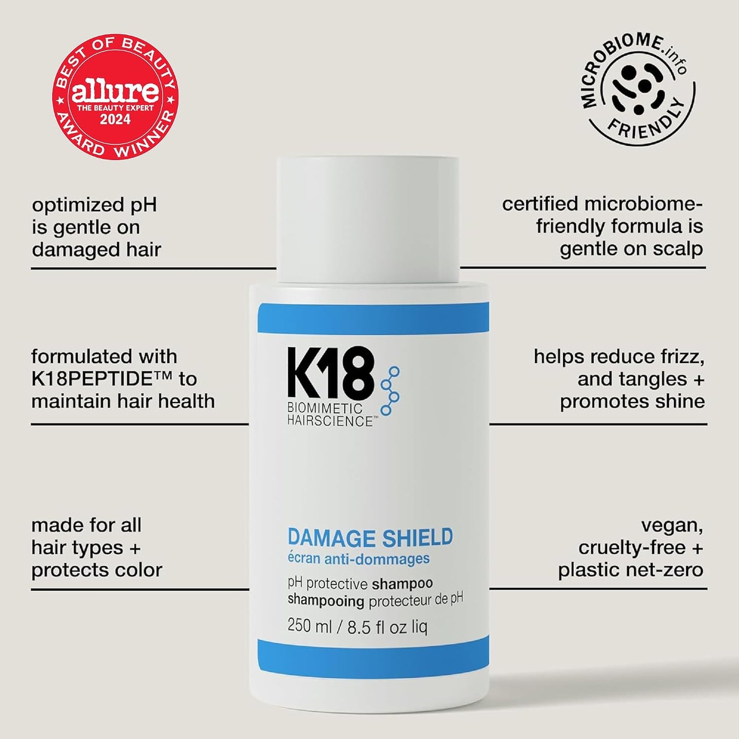 K18 Damage Shield Protective Shampoo, 250ml - Sulphate Free, pH Balanced, Reduces Frizz, Maintains Colour Vibrancy with K18PEPTIDE - For Colour Treated and Damaged Hair