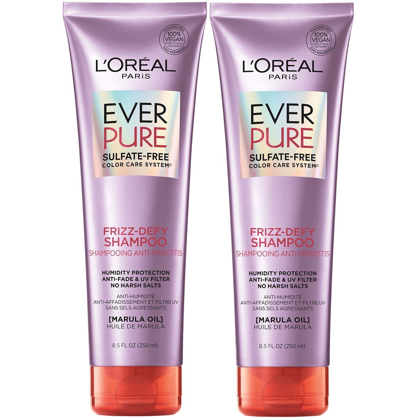 L'Oreal Paris Frizz Defy Shampoo and Conditioner Set, Frizz Control Hair Care with Marula Oil, EverPure, 8.5 Fl Oz, Set of 2