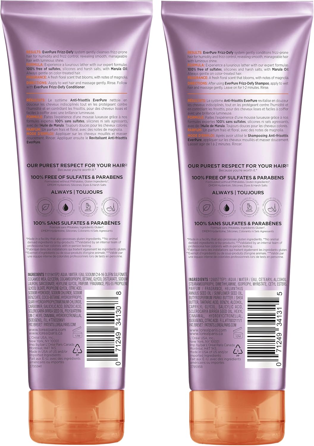 L'Oreal Paris Frizz Defy Shampoo and Conditioner Set, Frizz Control Hair Care with Marula Oil, EverPure, 8.5 Fl Oz, Set of 2