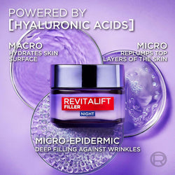 L'Oreal Paris Revitalift Filler Anti-Ageing Replumping Night Cream 50ml, with Hyaluronic Acid, to Deeply Hydrate, Visibly Fill Lines & Smooth Wrinkles