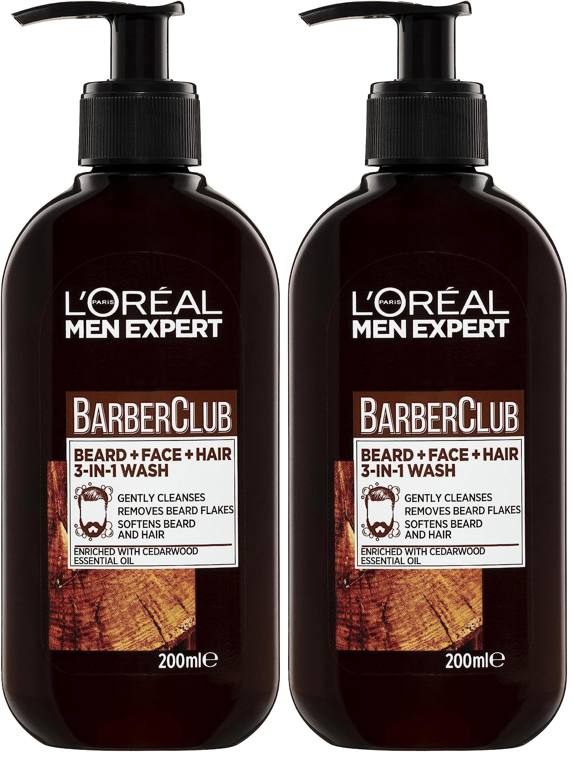 L'Oreal Paris Men Expert Barber Club 3-in-1 Beard, Face & Hair Wash 200ml, with Natural Essential Oils, for Daily Cleansing, to Remove Beard Flakes, Soften Beard & Condition Hair