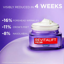 L'Oreal Paris Revitalift Filler Anti-Ageing Replumping Night Cream 50ml, with Hyaluronic Acid, to Deeply Hydrate, Visibly Fill Lines & Smooth Wrinkles