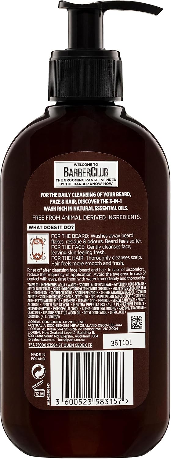 L'Oreal Paris Men Expert Barber Club 3-in-1 Beard, Face & Hair Wash 200ml, with Natural Essential Oils, for Daily Cleansing, to Remove Beard Flakes, Soften Beard & Condition Hair