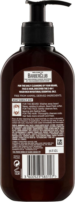 L'Oreal Paris Men Expert Barber Club 3-in-1 Beard, Face & Hair Wash 200ml, with Natural Essential Oils, for Daily Cleansing, to Remove Beard Flakes, Soften Beard & Condition Hair