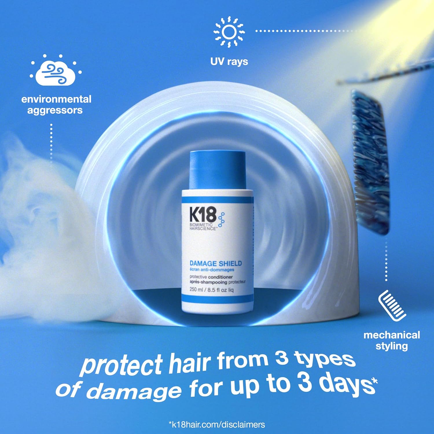 K18 Damage Shield Protective Conditioner, 250ml - Detangles, Smooths, Seals Cuticle with Ceramide and K18PEPTIDE, Silicone Free - For Colour Treated and Curly Hair