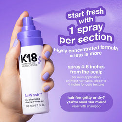 K18 AirWash Dry Shampoo, 120ml - Non-Aerosol Spray, Absorbs Oil, No White Cast, Neutralises Odour with Microalgae and odorBIND Technology - For All Hair Types