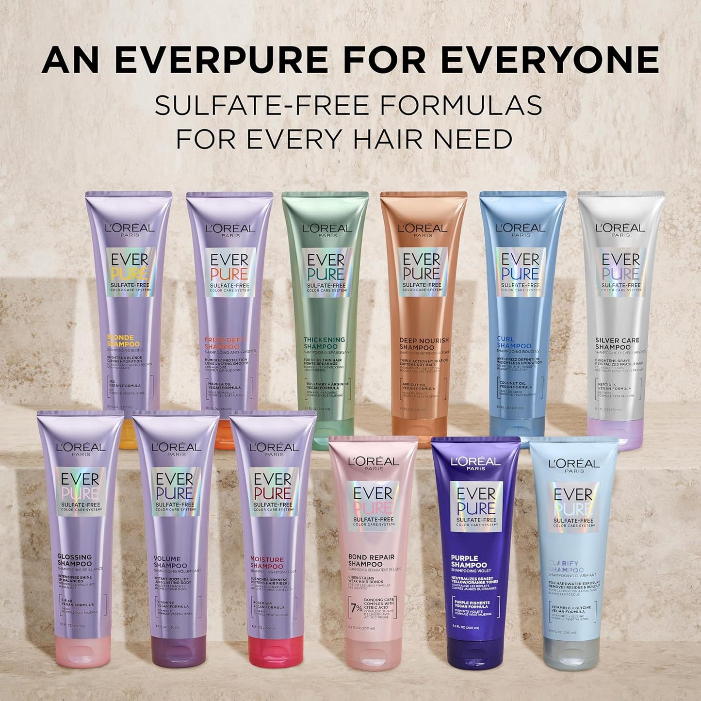 L'Oreal Paris Frizz Defy Shampoo and Conditioner Set, Frizz Control Hair Care with Marula Oil, EverPure, 8.5 Fl Oz, Set of 2