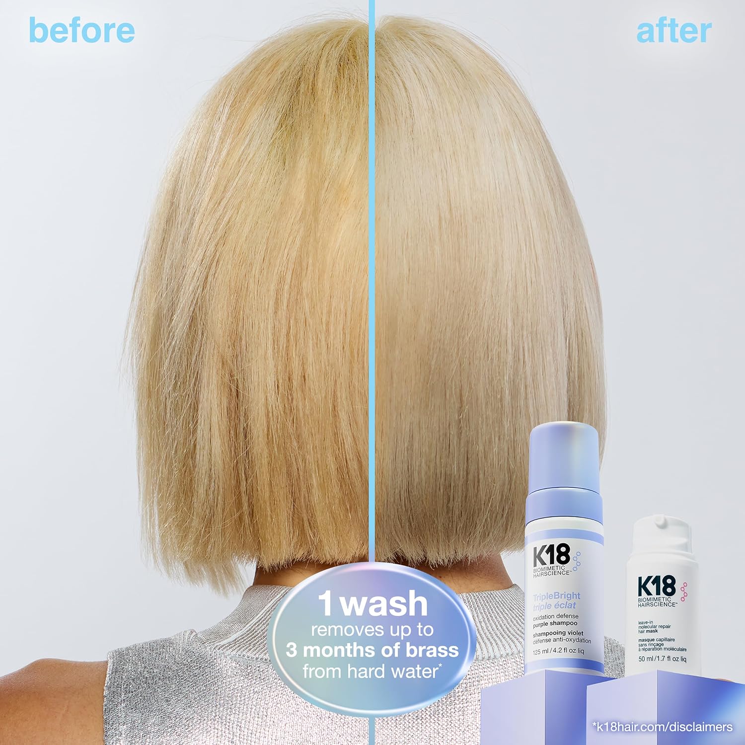 K18 TripleBright Purple Shampoo, 125ml - Removes Brass, Neutralises Yellow Tones, Defends Future Brassiness with Ionic Detox - For Blonde and Highlighted Hair