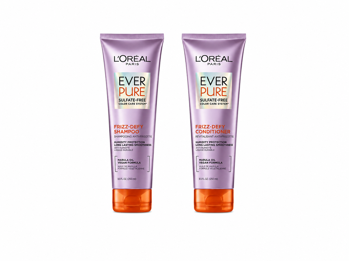 L'Oreal Paris Frizz Defy Shampoo and Conditioner Set, Frizz Control Hair Care with Marula Oil, EverPure, 8.5 Fl Oz, Set of 2