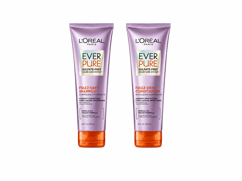 L'Oreal Paris Frizz Defy Shampoo and Conditioner Set, Frizz Control Hair Care with Marula Oil, EverPure, 8.5 Fl Oz, Set of 2