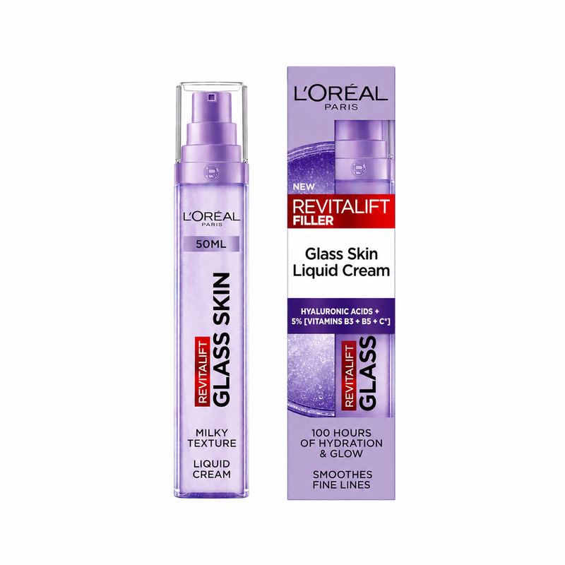 L'Oreal Paris Revitalift Filler Glass Skin Liquid Face Cream 50ml, with Hyaluronic Acid & Vitamin Cg, Glass Skin Glow, Lightweight, Fast Absorption, for all Skin Types, Inspired by Korean Skincare