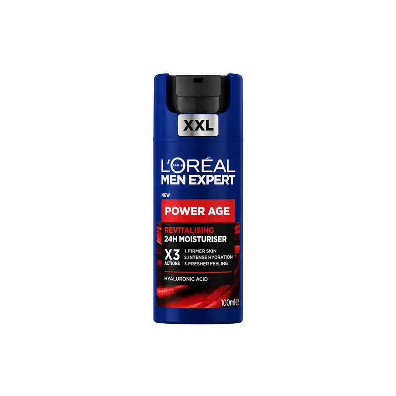L'Oreal Paris Men Expert Power Age Revitalising 24 Hour Moisturiser XXL 100ml, with Hyaluronic Acid, X3 Actions: Firmer Skin, Intense Hydration, Fresher Skin