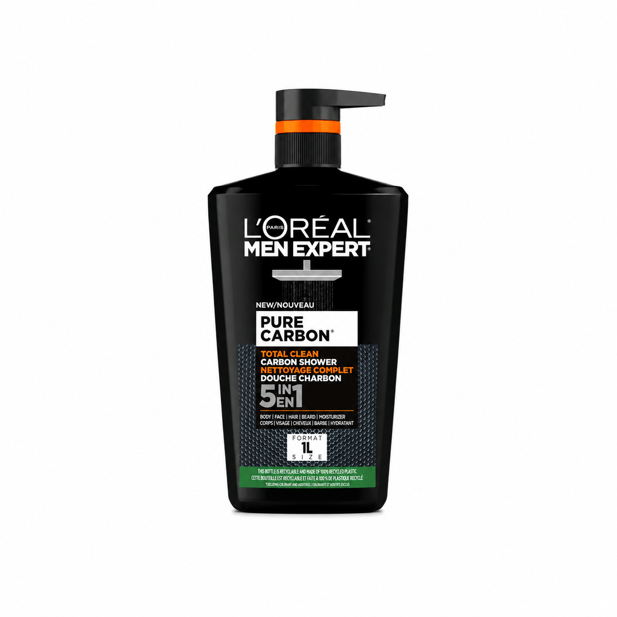 L'Oreal Paris Men Expert Pure Carbon 5-in-1 Body Wash & Shampoo XXXL 1L, Daily Shower Gel, for Cleansing Body, Face, Hair & Beard, Recyclable Bottle made of 100% Recycled Plastic