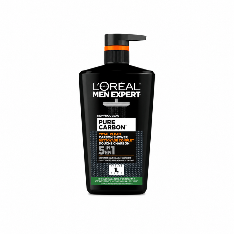 L'Oreal Paris Men Expert Pure Carbon 5-in-1 Body Wash & Shampoo XXXL 1L, Daily Shower Gel, for Cleansing Body, Face, Hair & Beard, Recyclable Bottle made of 100% Recycled Plastic